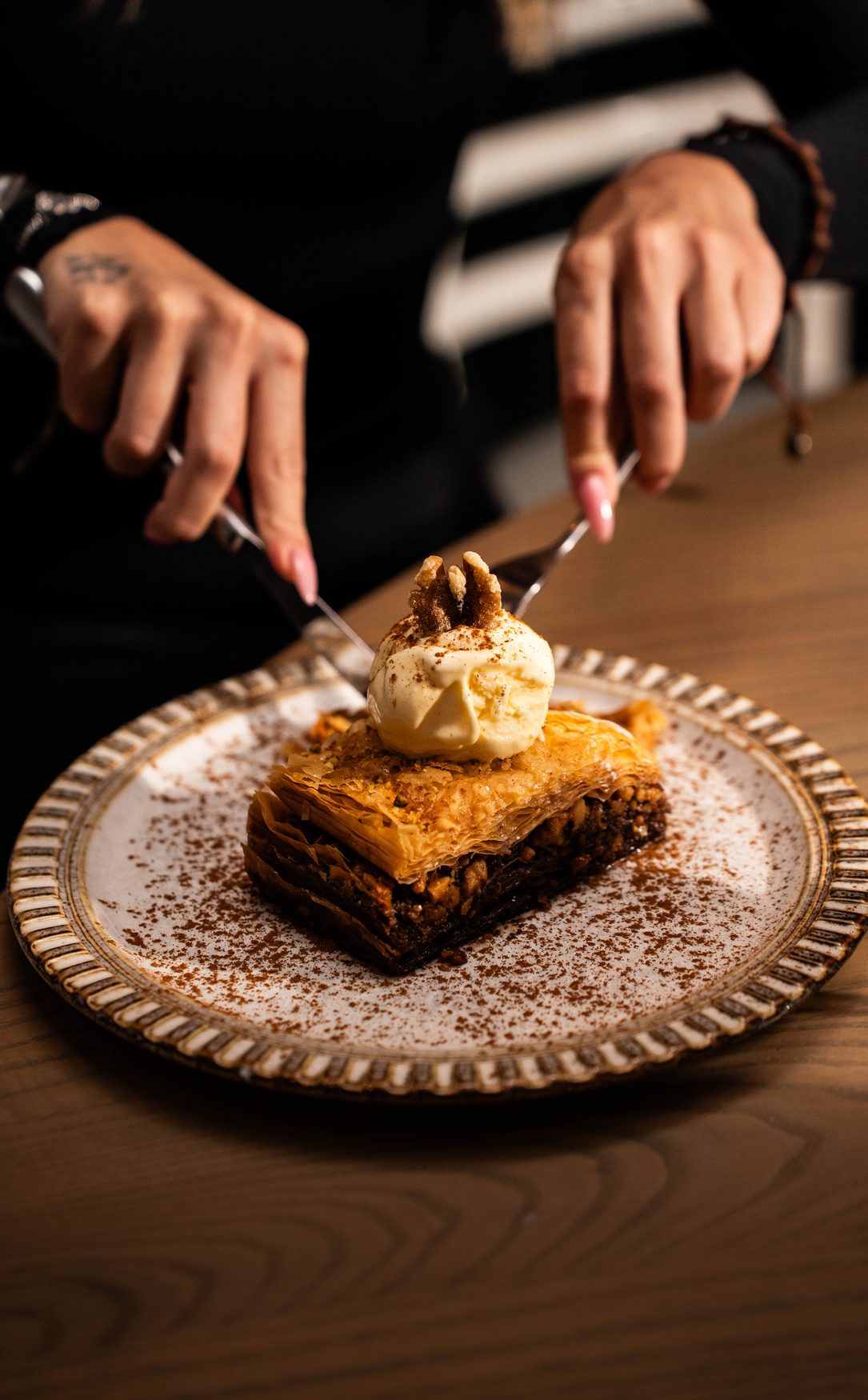 Baklava with vanilla ice cream at Santorini Estiatorio